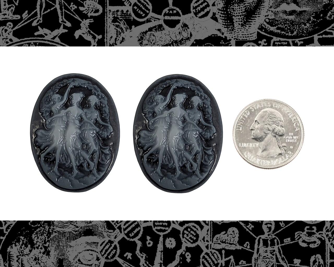 Black and Ghost White Three Women Dancing Cameos 35mm x 26mm Cameos - Set of Two - CAM288